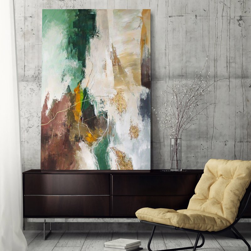 Green Silver Painting |  Green Silver Abstract | Green Wall Art | Green Glory 2 - 壁貼/牆壁裝飾 - 棉．麻 綠色