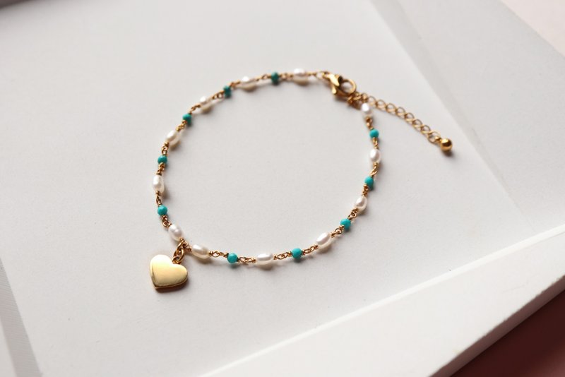 [A must-have for wealth and luck] Dopamine Girl. Turquoise Pearl Bracelet - สร้อยข้อมือ - สแตนเลส สีน้ำเงิน