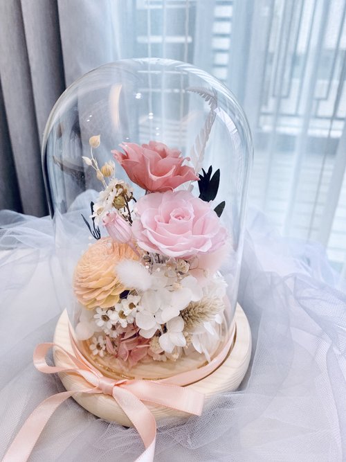 花天使 Floral.angelia 永生花｜不凋花｜乾燥花｜生活美學 材料包/成品 暖心永生玫瑰玻璃花燈 溫暖粉橘色系 七夕 禮物
