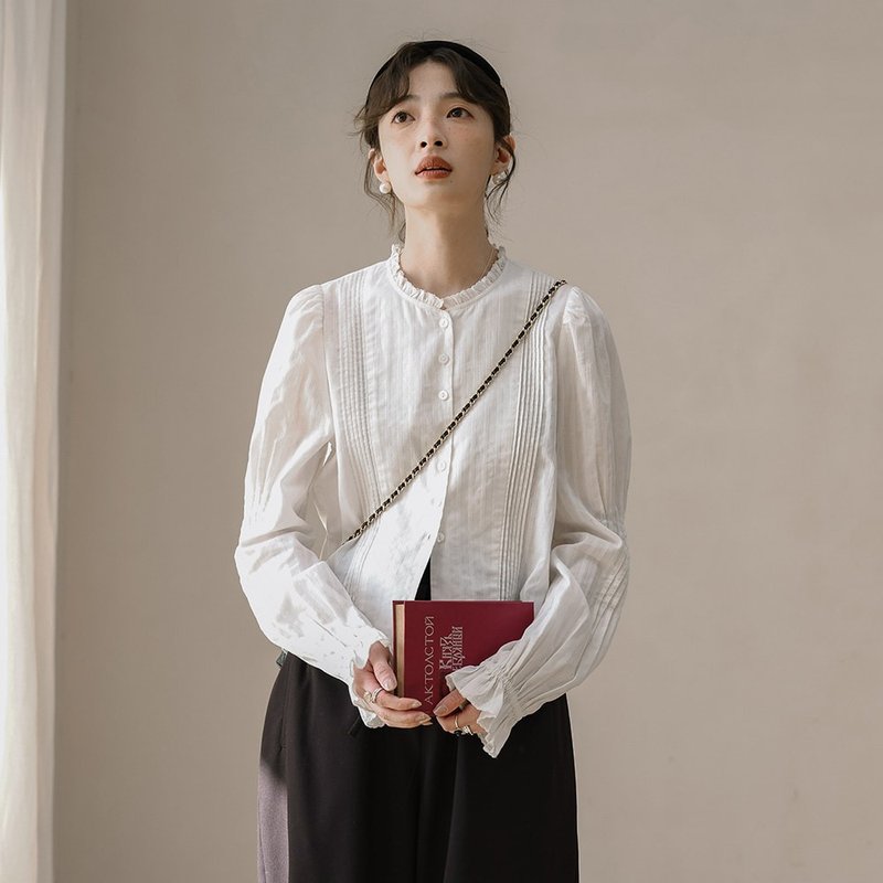 白色宮廷風泡泡袖襯衫|襯衫|春款|Sora-1143 - 女襯衫 - 棉．麻 白色