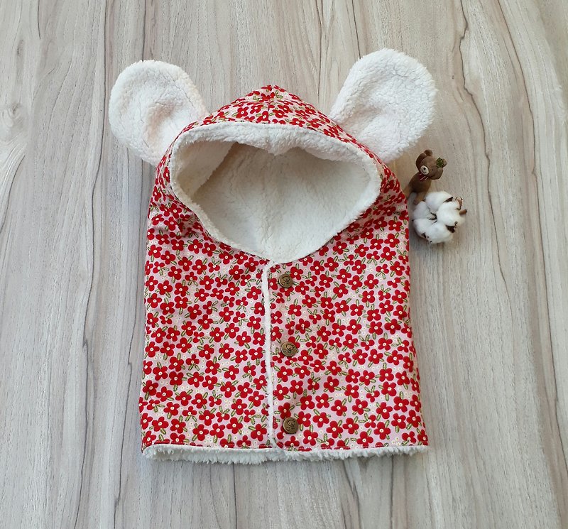 【Children's warm bear cap - ผ้ากันเปื้อน - ผ้าฝ้าย/ผ้าลินิน สีแดง