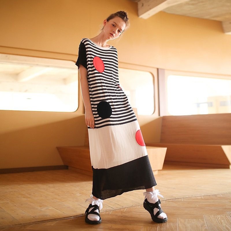 Thin black and white stripes dress dress - imakokoni - One Piece Dresses - Cotton & Hemp Black