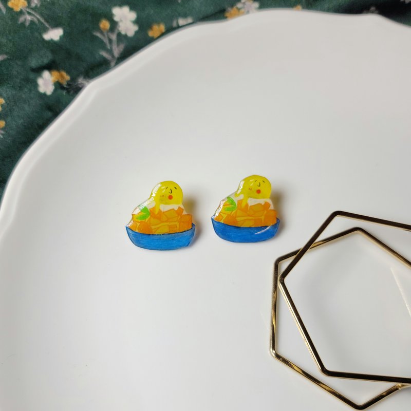 Mango Shaved Ice, Taiwan Snack Handmade Hand Painted Earrings - Earrings & Clip-ons - Stainless Steel Multicolor