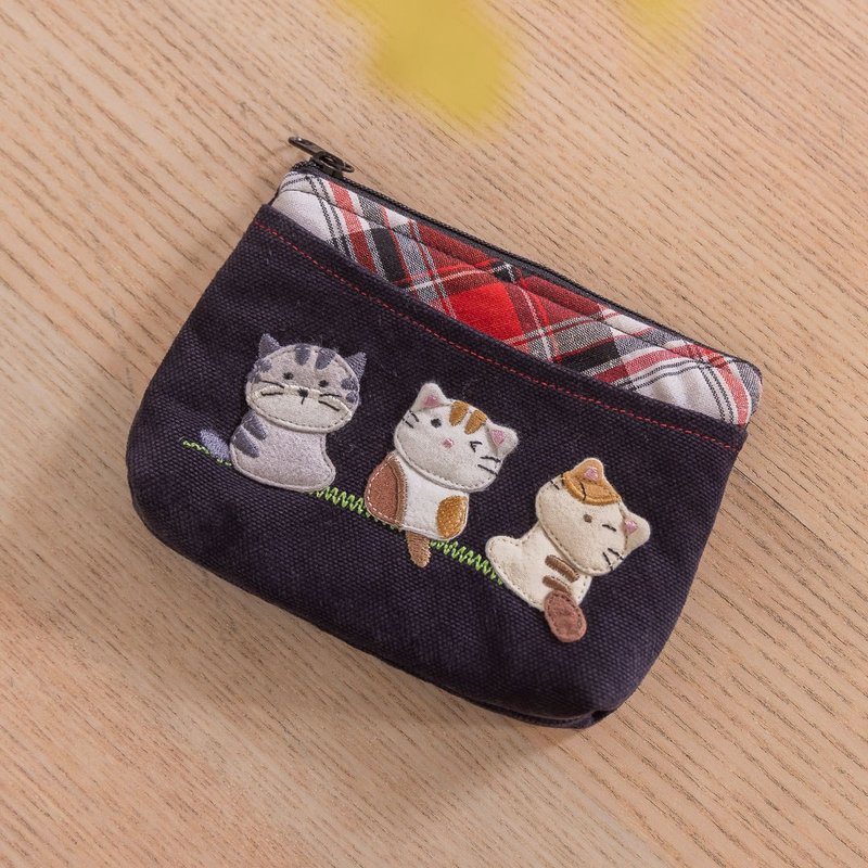 Cat family plaid cotton change/banknote/card/small items storage bag [820433] - Toiletry Bags & Pouches - Cotton & Hemp Black