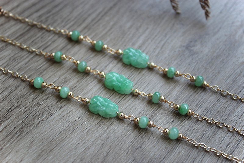 Burmese jade A-cargo jade-ice sun green lucky Pixiu jade with sun green abacus beads 14k gold bracelet jade - Bracelets - Jade 