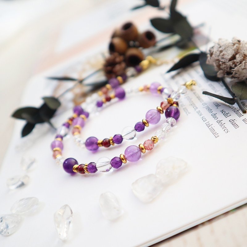 Lavender Amethyst-Strawberry Crystal- Bronze Crystal│Brass Double Circle Buckle Bracelet - สร้อยข้อมือ - คริสตัล สีม่วง