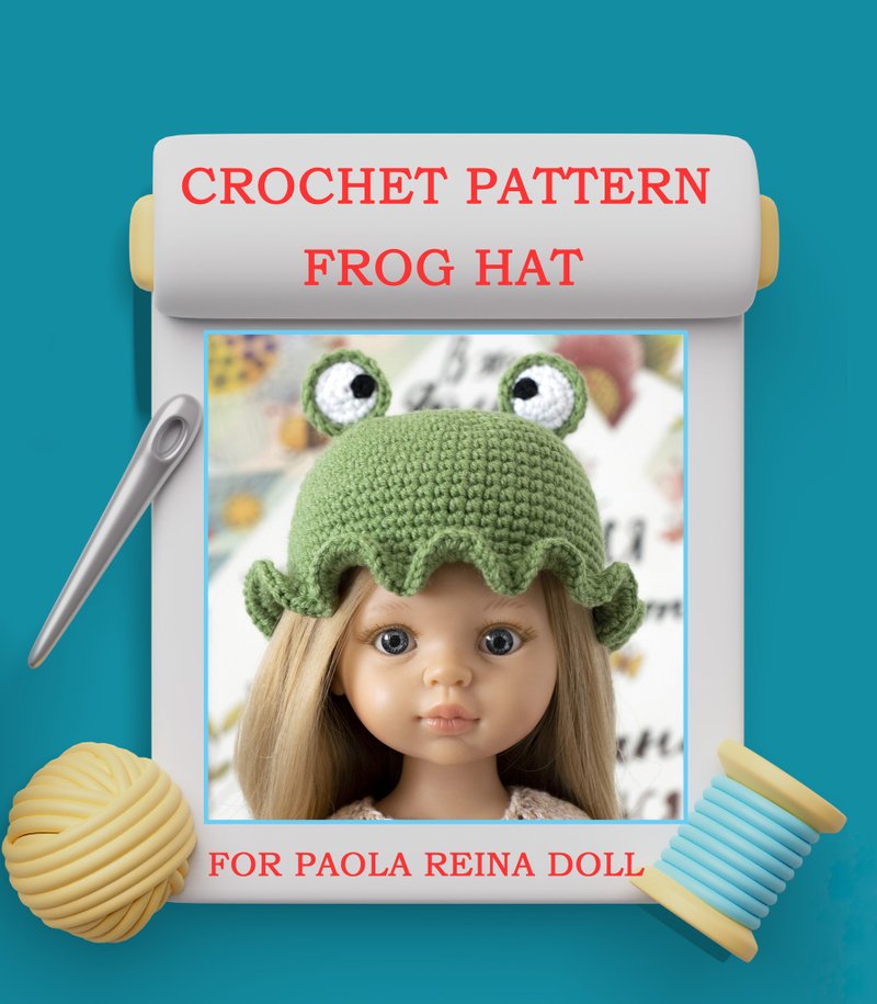 Crochet Pattern in English Frog hat for Paola Reina Doll, PDF tutorial DIY - 其他數位商品 - 其他材質 