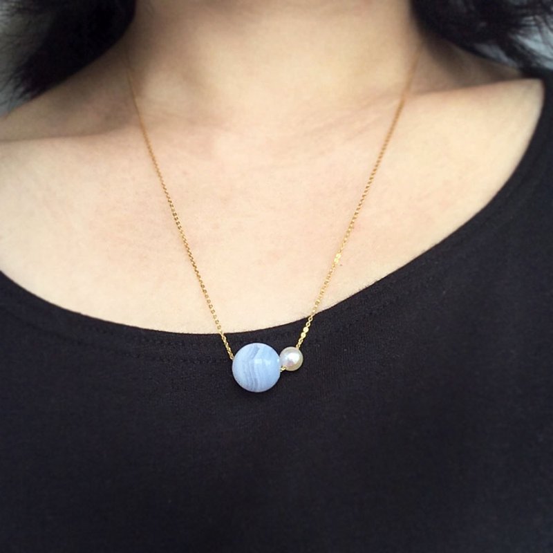 K14gf Blue lace Agate (Chalcedony) and Pearl Necklace - 項鍊 - 珍珠 