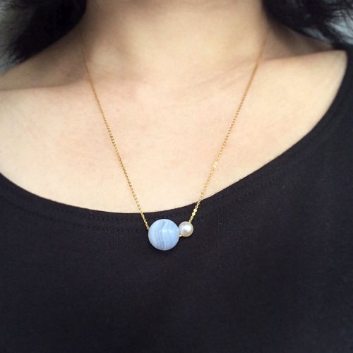 y-o K14gf Blue lace Agate (Chalcedony) and Pearl Necklace