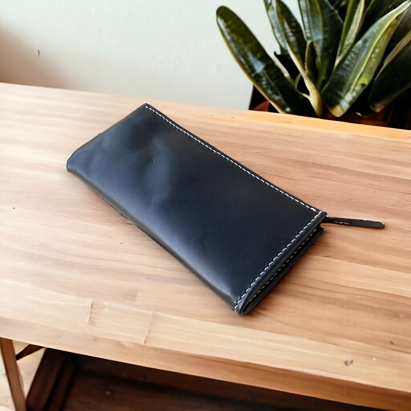 Handmade textured cowhide zipper long clip (mobile phone bag, clutch), mysterious black (birthday, gift) - Wallets - Genuine Leather Black