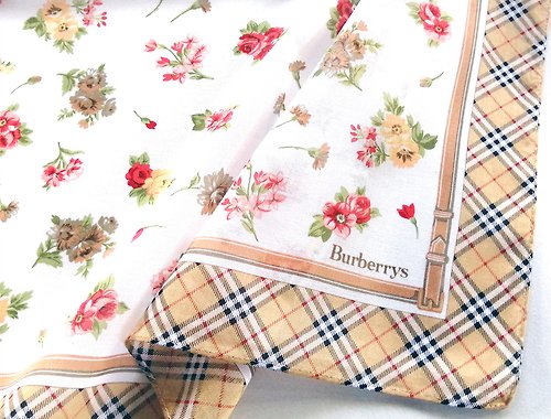 orangesodapanda Burberry Vintage Handkerchief Floral Check Border 19.5 x 19.5 inches