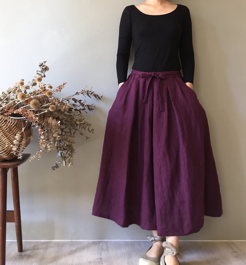 * Purple Sister Flower 2 Elegant and Elegant Deep Purple Linen Long Sleeve - กระโปรง - ผ้าฝ้าย/ผ้าลินิน สีม่วง