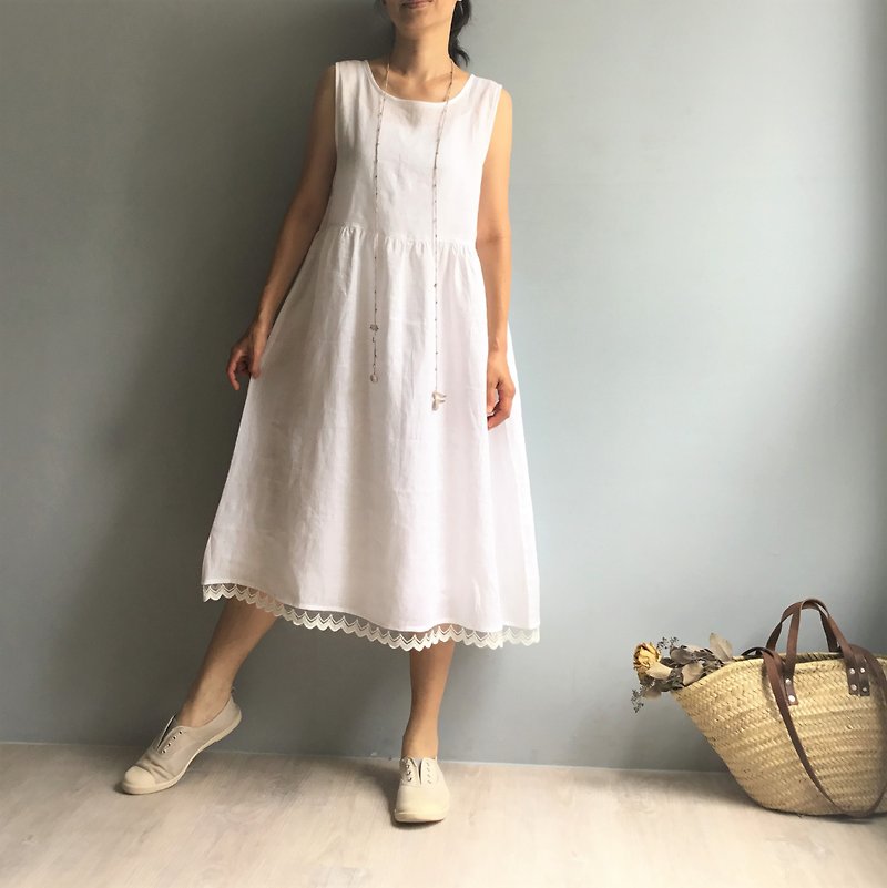 Irish holiday/classic white linen lace one-piece petticoat/home dress 100%Linen - One Piece Dresses - Cotton & Hemp White