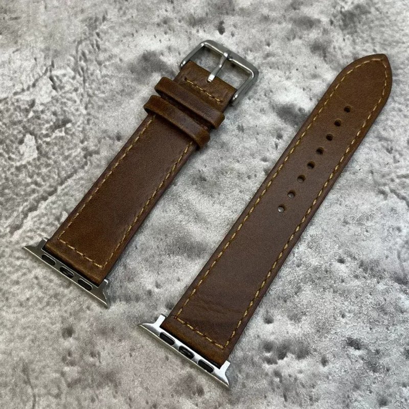 Apple Watch/Ultra 全系列可用 酒棕色 油皮工藝 牛皮革錶帶 - 錶帶 - 真皮 綠色