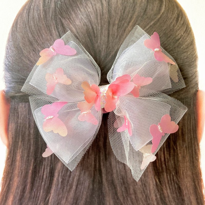 Big ribbon full of butterflies, white pink - Hair Accessories - Other Man-Made Fibers White