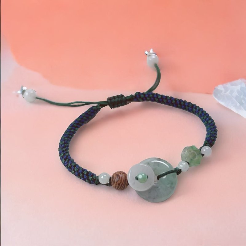 [Wish for peace] Ice type floating flower jadeite peace buckle woven bracelet | Natural grade A jadeite | Gift - Bracelets - Jade Multicolor