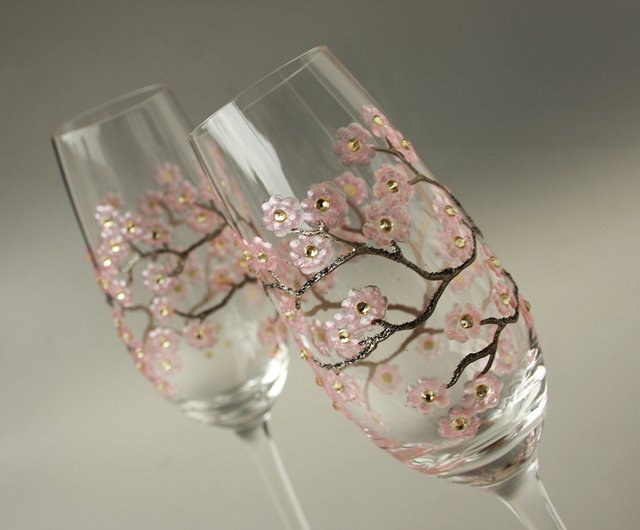 Hand Painted Cherry Blossom Wine Glass