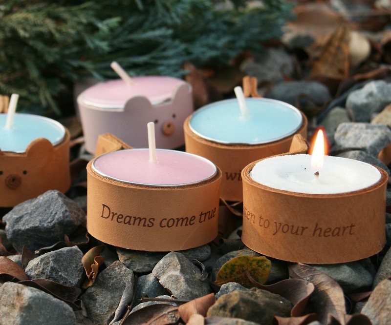 Mini scented candle holder candlestick / two entry / customized text - เทียน/เชิงเทียน - หนังแท้ สีนำ้ตาล