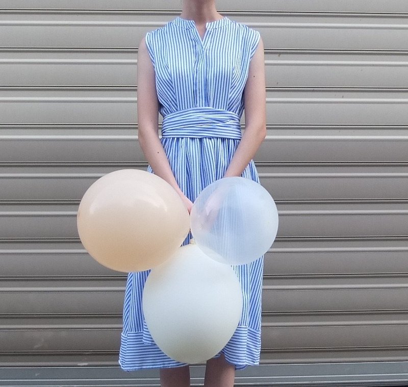 Elastic Waist Wrap Blue and White Straight Stripe Dress - ชุดเดรส - ผ้าฝ้าย/ผ้าลินิน 