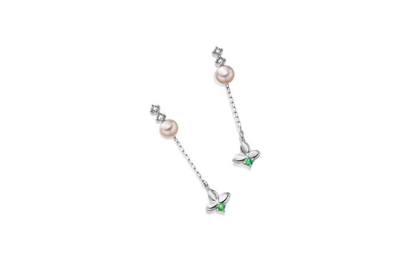 Japan 18K Freshwater Cultured Pearl Green Stone Small Diamond Earrings - Earrings & Clip-ons - Pearl 