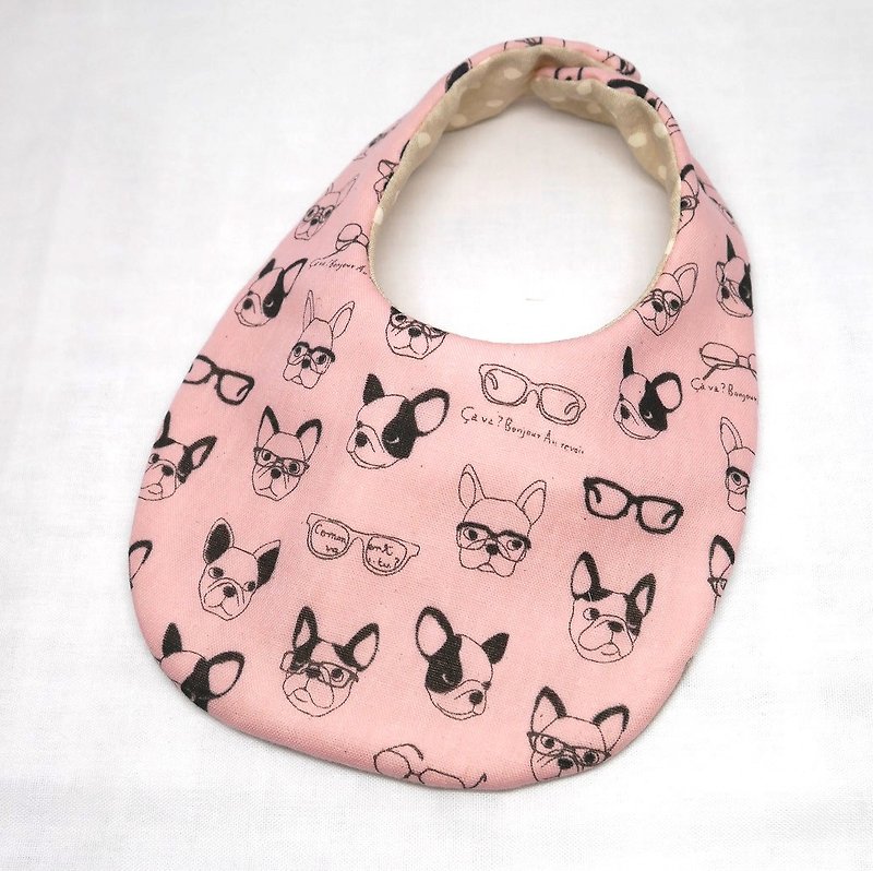 Japanese Handmade 4-layer-double gauze Baby Bib /French bulldog pink - Bibs - Cotton & Hemp Pink
