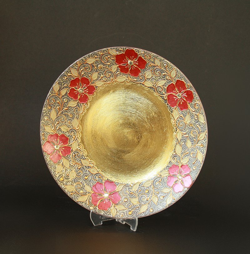 Hand-painted Plate, Gold and Reddish Floral Design, Swarovski Crystals - 擺飾/家飾品 - 玻璃 金色