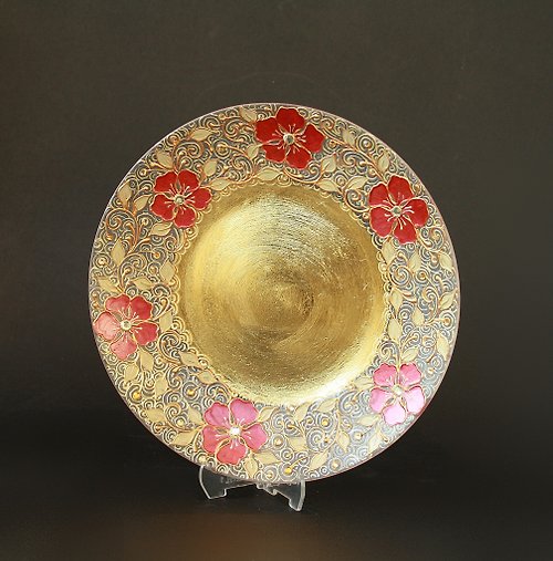 NeA Glass Hand-painted Plate, Gold and Reddish Floral Design, Swarovski Crystals