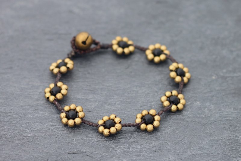 Black Onyx Daisy Brass Braided Bracelets Woven Folk Black - Bracelets - Stone Black