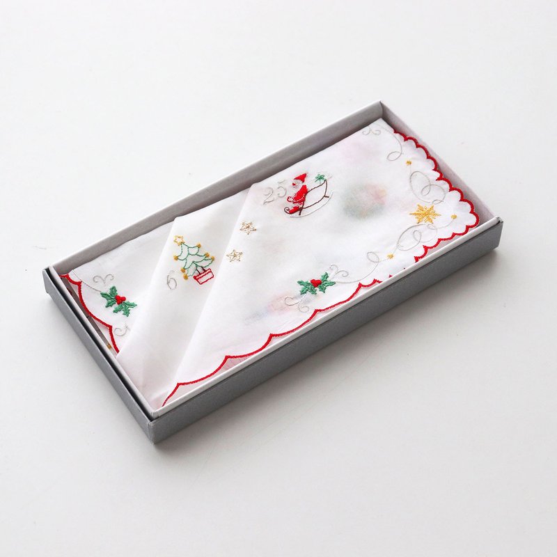 アドベントカレンダー エンブハンカチ　ギフトボックス付き　クリスマスチャーム付き　クリスマスプレゼント - 手帕 - 棉．麻 白色