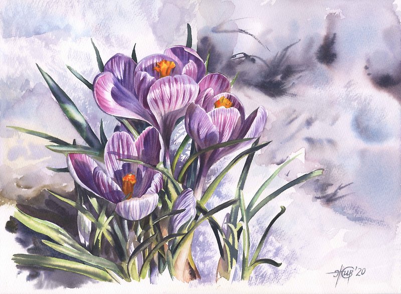 Crocuses hand painted watercolor, handmade paintings, wall art, home wall decor - Wall Décor - Paper Multicolor