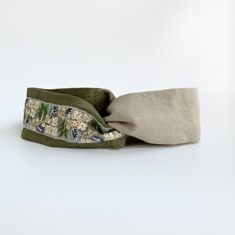 日本刺繡緞帶 藍葉四瓣花 日本布 交叉髮帶 不撞款手工髮帶 - 髮箍/髮帶 - 棉．麻 綠色