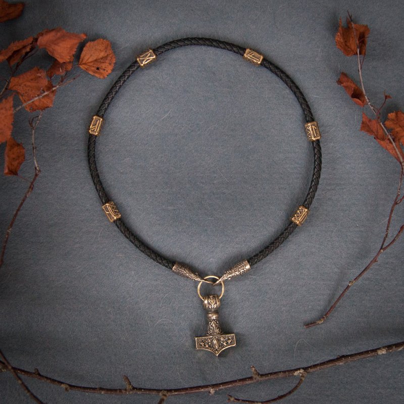 Thor Hammer pendant on leather cord with runes, raven. Viking necklace. Mjolnir - Necklaces - Other Materials Orange