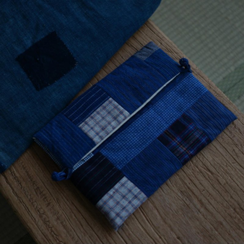 藍色拼布 灰色手織布 藍染夾棉電腦包 蘋果筆電包內膽保護套 - 電腦袋 - 棉．麻 藍色