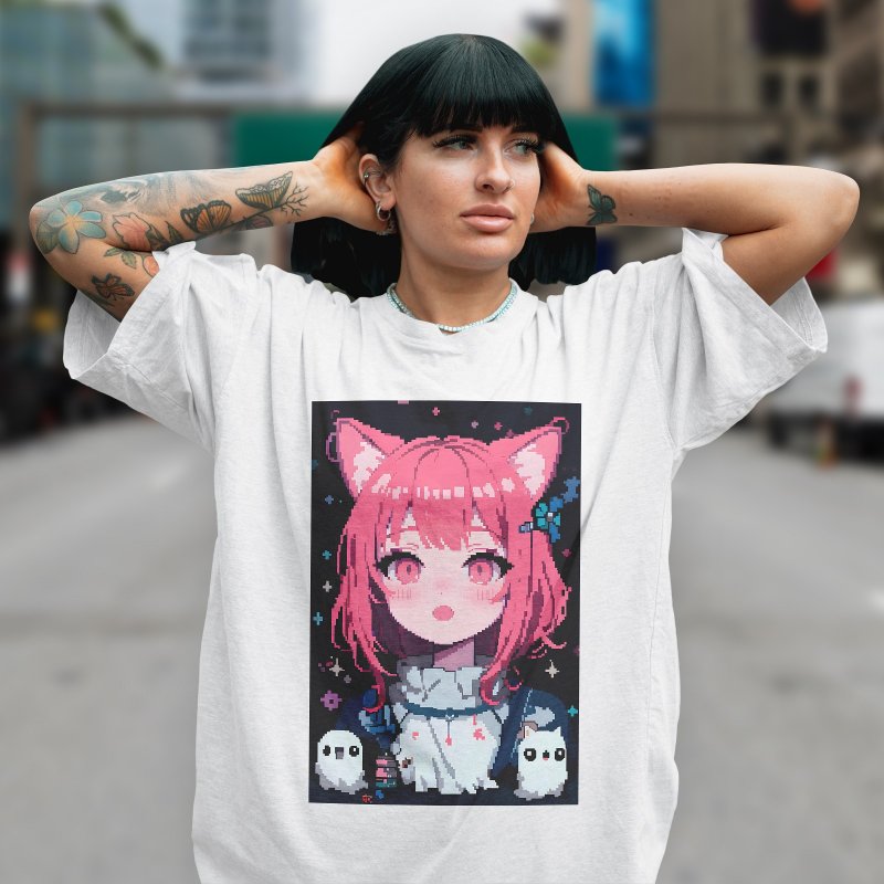 Yami Kawaii Sweet Anime Cat Girl Streetwear 100% Cotton Unisex T-Shirt - 男襯衫/休閒襯衫 - 棉．麻 多色