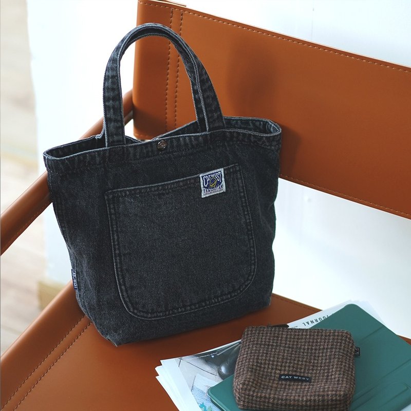 CATWEST design classic handbag female niche handbag commuter retro handbag denim bag - กระเป๋าถือ - ผ้าฝ้าย/ผ้าลินิน สีดำ