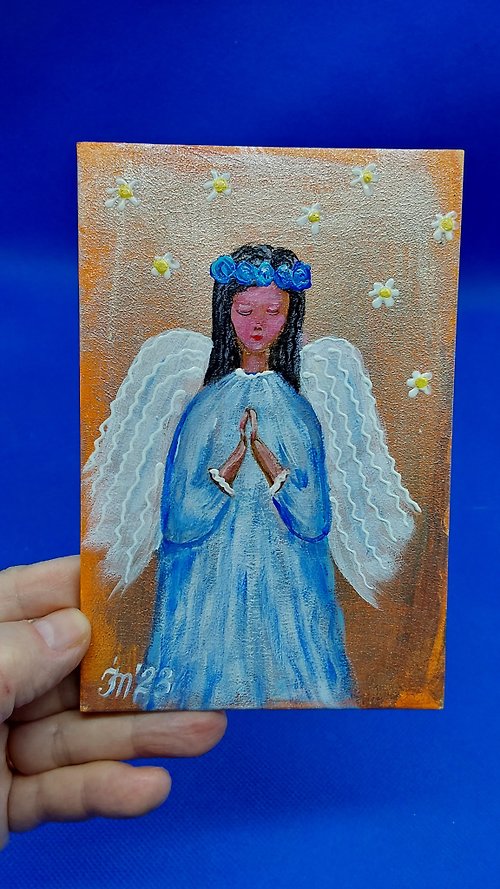CosinessArt Girl angel, Guardian angel, Angel wings. Original acrylic painting. wall art