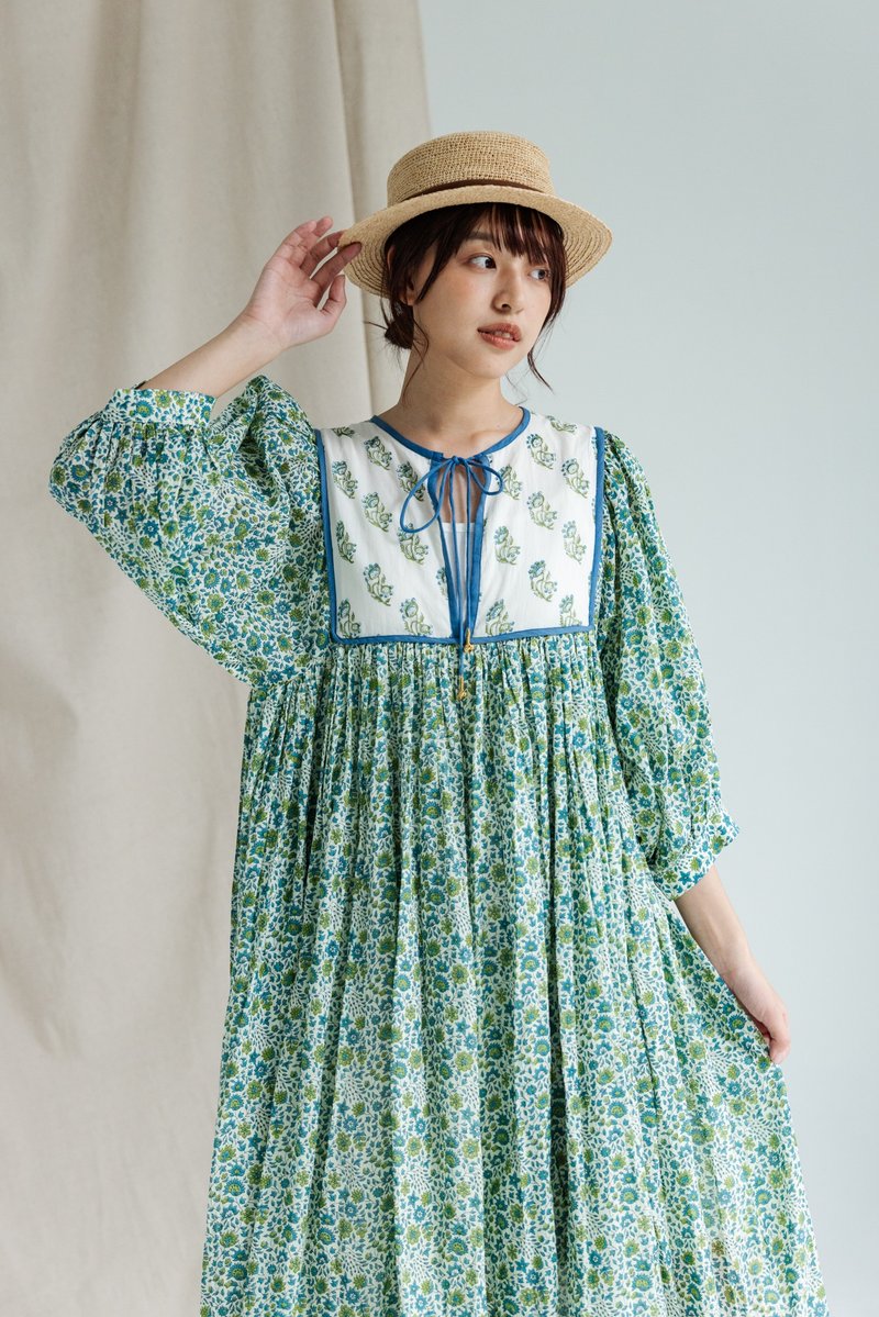 Pengxiu woodblock printed dress_Green Flower - ชุดเดรส - ผ้าฝ้าย/ผ้าลินิน สีเขียว