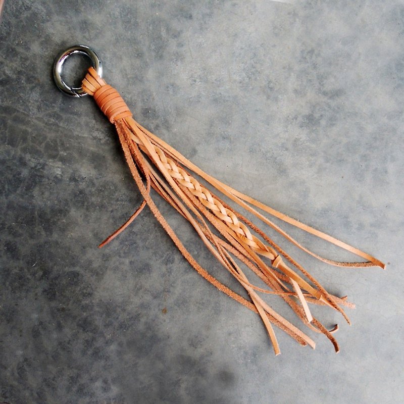 Bohemian fringe charm bag charm leather hanging key ring sniffing hand made - Keychains - Genuine Leather Orange