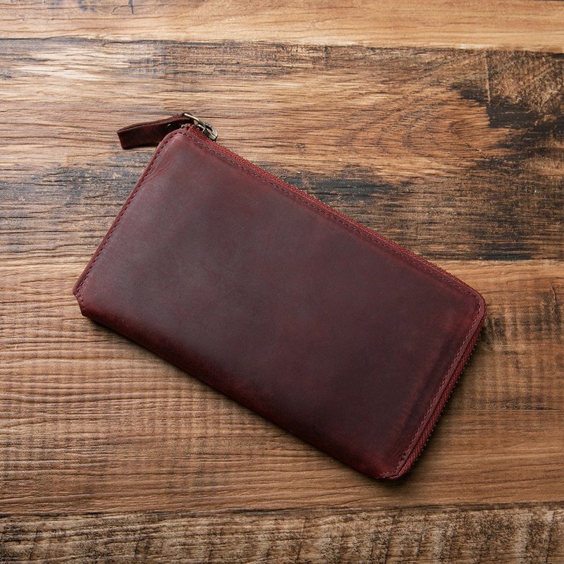 TIDY2.0 - Organize your wallet - Make your own wallet - All-leather long L-shaped zipper wallet - Personalized - Wine red - Wallets - Genuine Leather Red