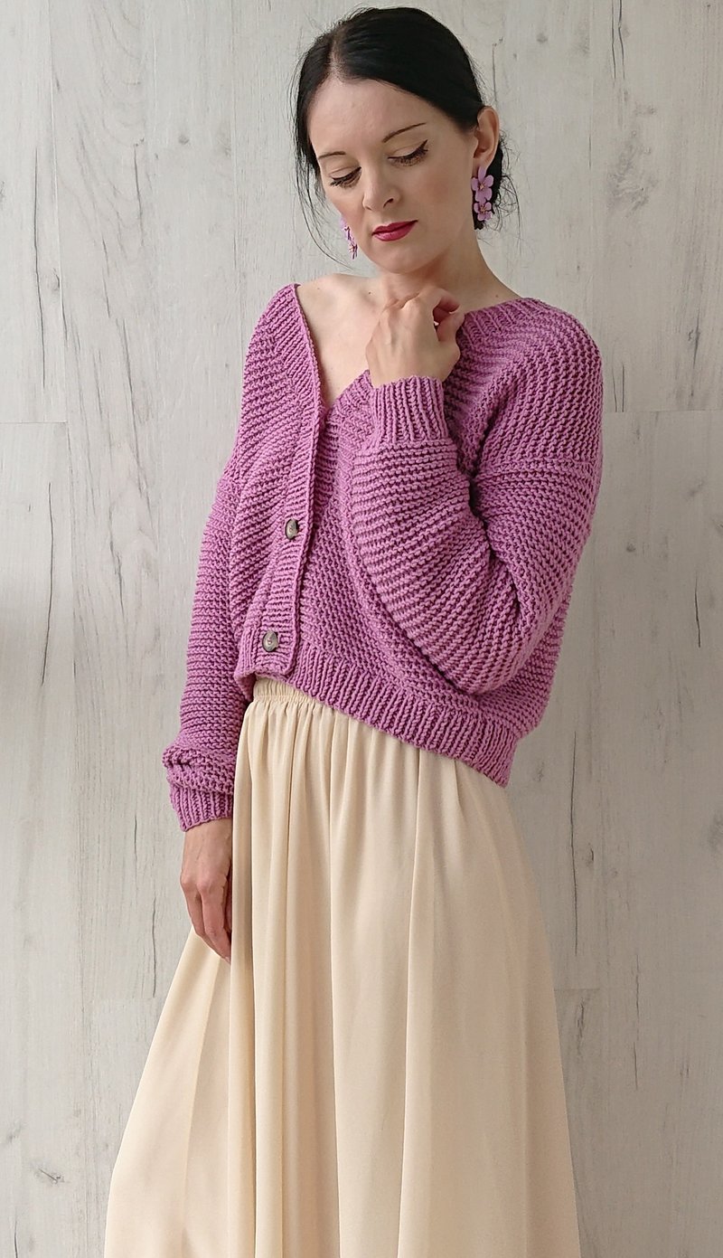 Rib knit V neck cardigan with buttons Cropped jacket Wool sweater jacket - 女毛衣/針織衫 - 棉．麻 