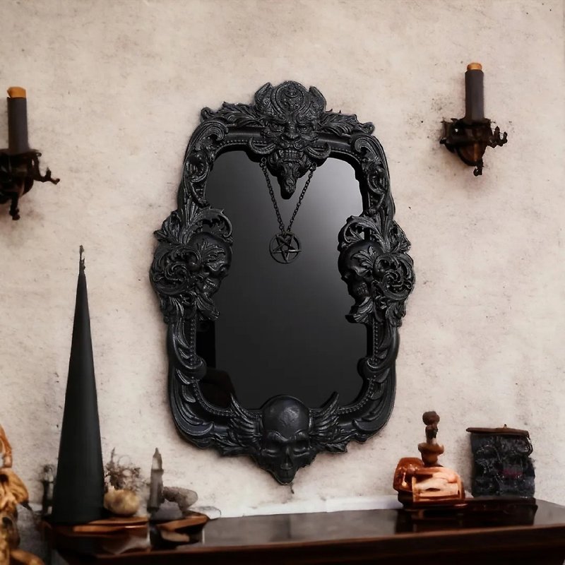 Demons Mirror, Wall Mirror Carved On Wood, Witch Altar Tile - Wall Décor - Wood Black
