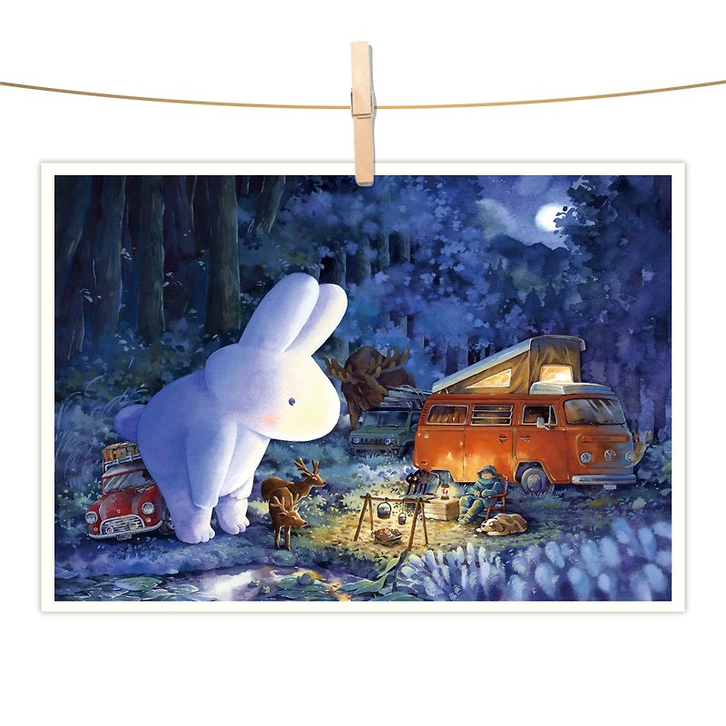 afu水彩イラストポストカード-キャンプの夜の訪問 - カード・はがき - 紙 