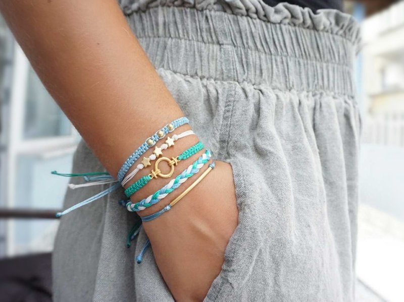Boho Bracelet Set Macrame Bracelets Cotton Cords Gold Plated Star Charm - 手鍊/手環 - 棉．麻 綠色