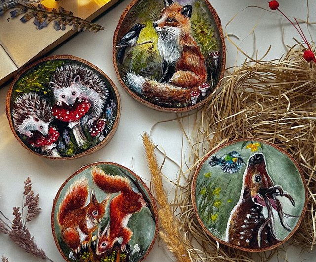 Set of 4 hand-painted wooden coasters Wooden gift Fox Squirrel Hedgehog Deer  - Shop Anna-Forest-Art Beverage Holders & Bags - Pinkoi