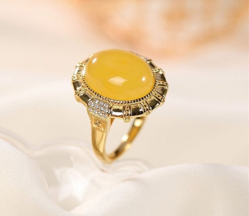 Chicken Oil Amber Rings for Women Luxury Big Size Blank Gemstone Jewelry - General Rings - Sterling Silver Silver