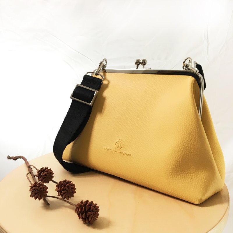 雙色防水皮革大口金 斜背包/ 肩背包 大容量 可替換揹帶 - 活力黃 - 側背包/斜孭袋 - 其他人造纖維 黃色