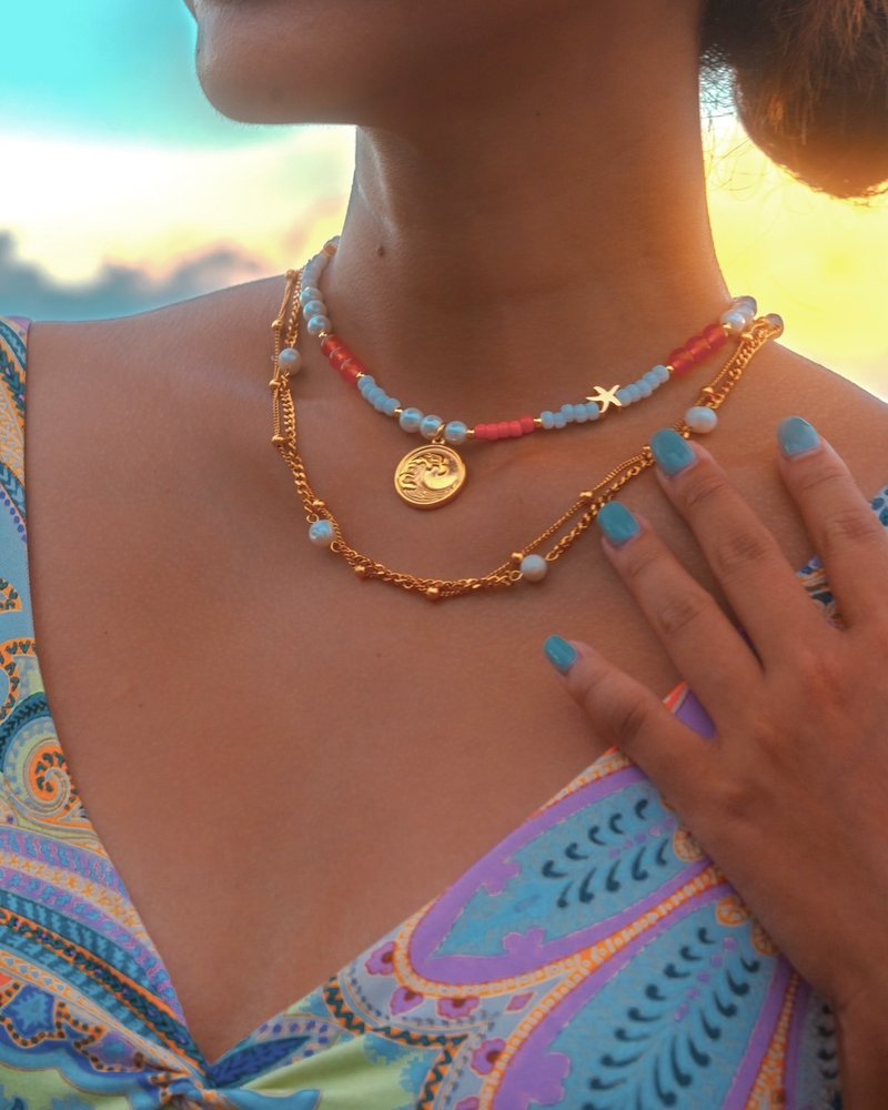 Orange shell pearl necklace non-fading glass colored beads steel k18 gold beaded necklace - Necklaces - Crystal Orange