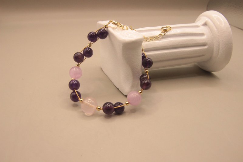 Garden of Eden, Purple Lithium + Amethyst + Pink Crystal, Natural Untreated Crystal, 14K Bronze Infused Gold Bracelet - สร้อยข้อมือ - คริสตัล 