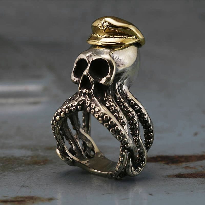 騎自行車的人戒指純銀頭骨隊長章魚魷魚哥特式朋克海 - 戒指 - 其他金屬 銀色