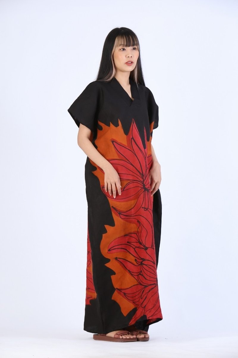 Kaftan Silk Linen Hand Paint Free Size - 洋裝/連身裙 - 棉．麻 紅色